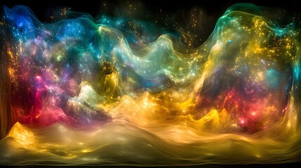 Floating ribbons of translucent materials intertwined with glowing threads, forming an abstract 3D tapestry of light and motion 