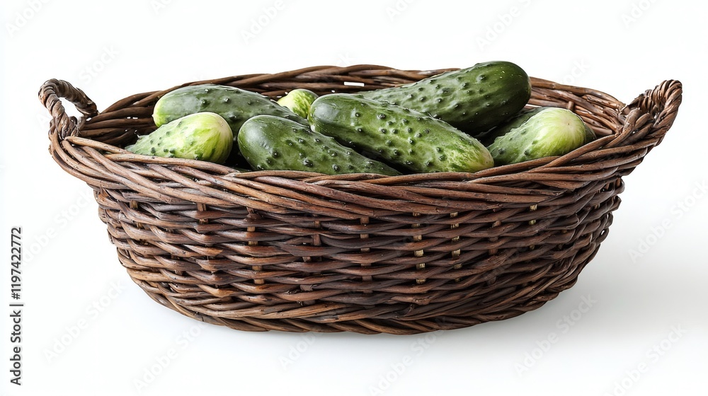 Aufkleber Isolated on white background a collection of cucumbers in a wicker basket creating a rustic presentation Stock Photo with side copy space