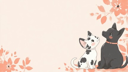 Adorable Black Dog and Playful Spotted Cat Sitting Together Amidst Soft Floral Accents in Pastel Peach and Cream Background with Blank Space for Text