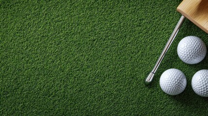 A top view of a putter and two golf balls resting on vibrant green grass, offering a perfect opportunity for design or text additions
