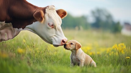 Obraz premium Affectionate Cow and Yellow Puppy Nuzzling in Lush Green Pasture with Soft Floral Accents and Clear Blue Sky for Text Overlay