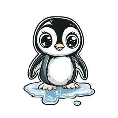 Obraz premium Cute baby penguin on melting ice, arctic habitat, climate change illustration, children's book