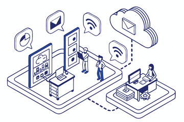Isometric office workspace, digital collaboration, floating social media icons, blue and white color scheme, miniature people working, connected platforms, futuristic workspace design, 3D illustration