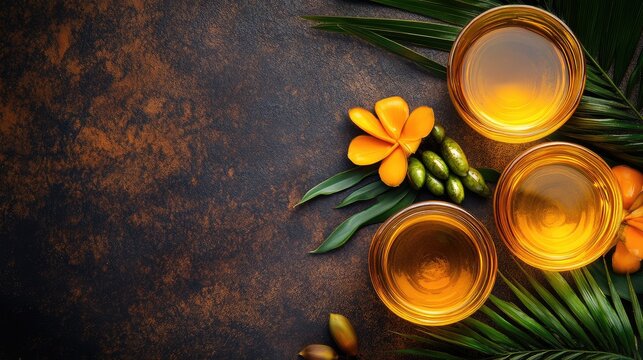 Palm Oil with RBD Process and Beta Carotene in Transparent Bowls Surrounded by Green Palm Leaves and Orange Flowers on Rustic Brown Background with Copyspace for Text