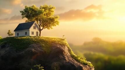 Affordable Eco Friendly Home Loans for Retirement Savings with a Serene House on a Green Hilltop at Sunset in Warm Yellow and Orange Tones