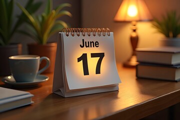 A calendar page flipping to June 17, set in a cozy desk scene.