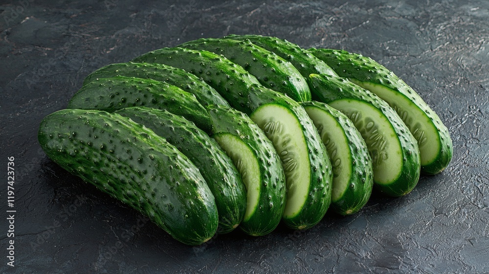 Poster Isolated on white background multiple cucumbers arranged in a semi-circle for an artistic display Stock Photo with side copy space
