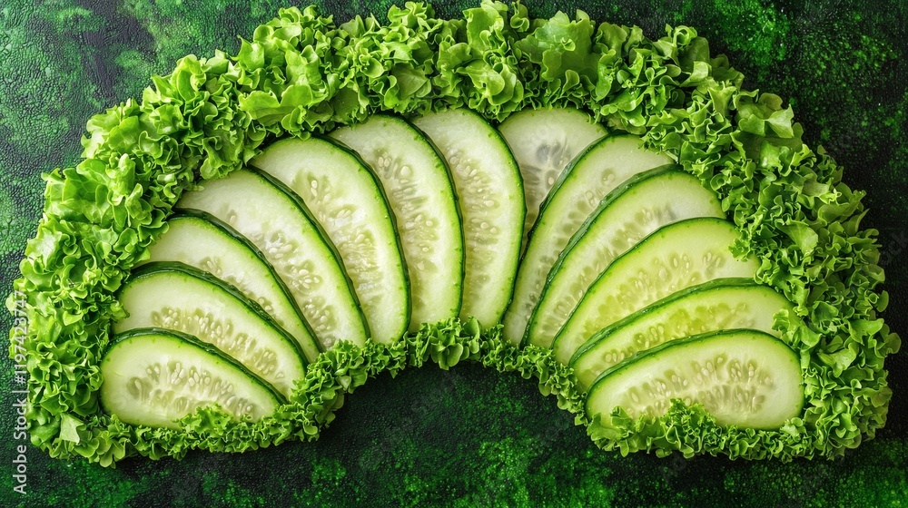 Poster Isolated on white background multiple cucumbers arranged in a semi-circle for an artistic display Stock Photo with side copy space
