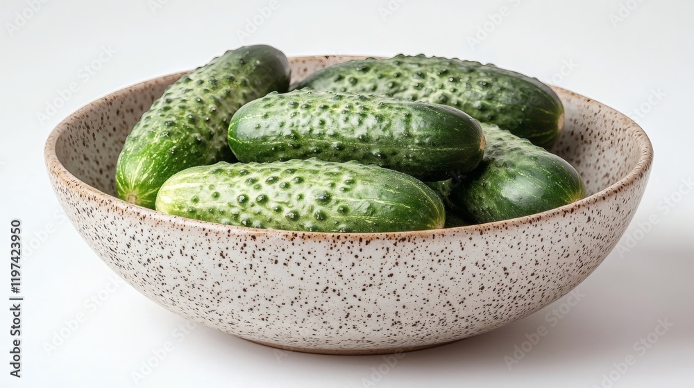 Poster isolated on white background a pile of cucumbers in a simple ceramic bowl highlighting their natural