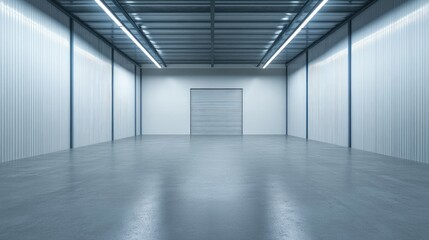 Spacious and Modern Indoor Storage Facility with Clear Walls and Floor Space for Text Placement in Neutral Gray and White Tones