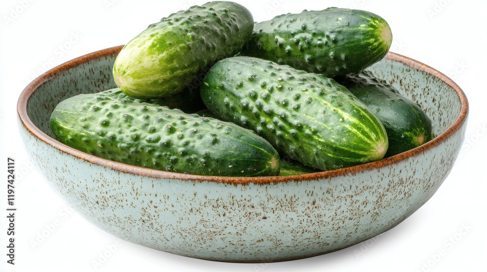 Poster isolated on white background a pile of cucumbers in a simple ceramic bowl highlighting their natural