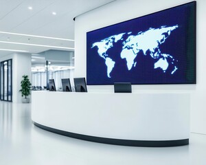 Modern bank reception with counters backed by a large digital map wall display