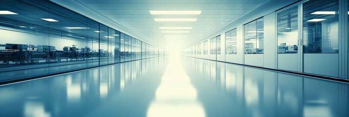 Obraz premium Long, Blue Industrial Corridor With Glass Walls, Symmetrical Architecture, and Bright Lighting