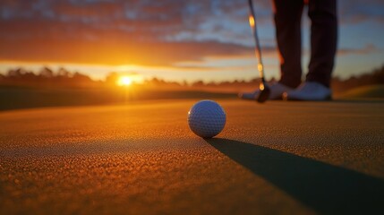 Close-up of a golf ball spinning on the green toward the hole, framed by a player's club and the warm glow of the sunset.
