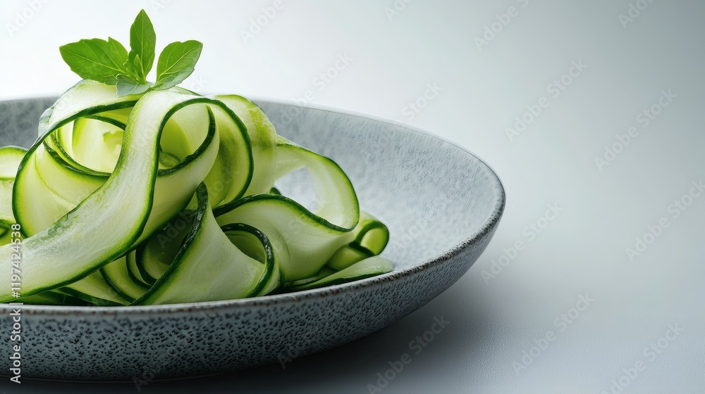 Poster Isolated on white background a cucumber spiralized into thin ribbons placed neatly on a plate Stock Photo with side copy space