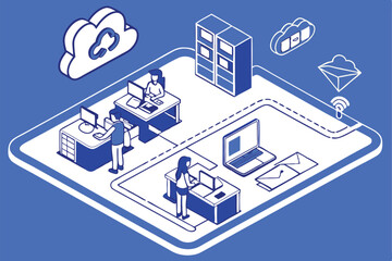 Isometric office workspace, digital collaboration, floating social media icons, blue and white color scheme, miniature people working, connected platforms, futuristic workspace design, 3D illustration