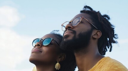 African American female couple in sunglasses looking up at a clear blue sky with empty copyspace for text placement outdoors in daylight