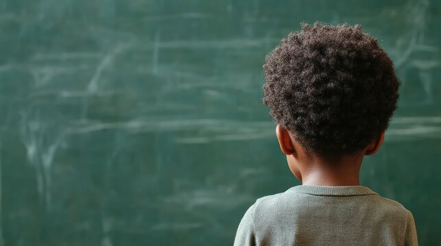 African American child with curly hair facing green chalkboard in diverse classroom setting with empty space for text and learning materials
