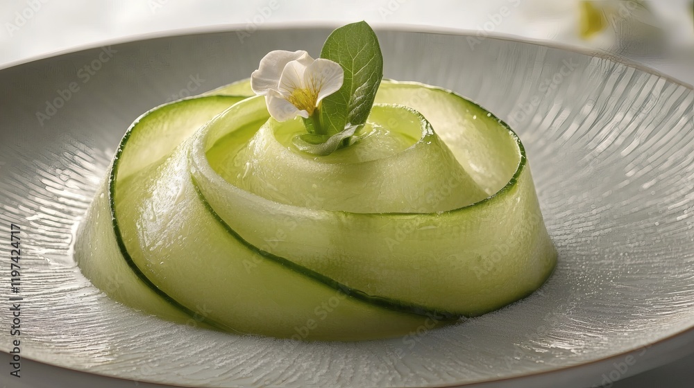 Aufkleber isolated on white background a cucumber spiralized into thin ribbons placed neatly on a plate stock 