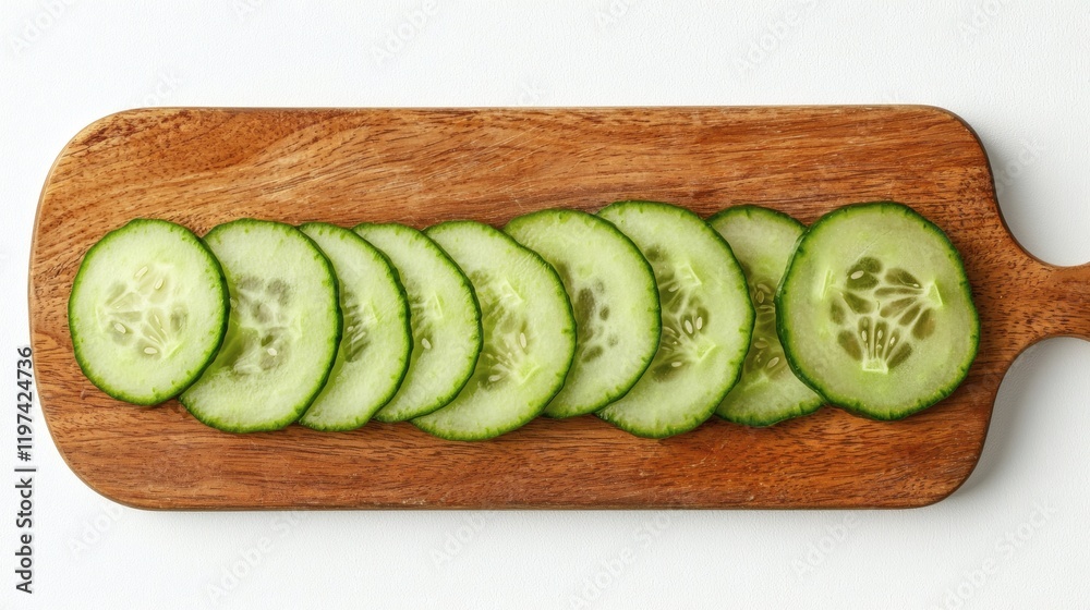 Poster Isolated on white background a collection of cucumbers and their slices arranged on a cutting board Stock Photo with side copy space