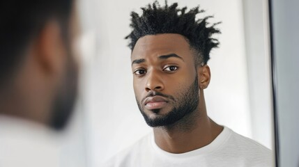 African American man with textured hair gazing into a mirror in a bright indoor environment with empty copyspace for text placement.