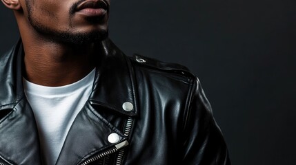Obraz premium African American male model in black leather jacket against dark background with empty copyspace for text placement and close-up detail