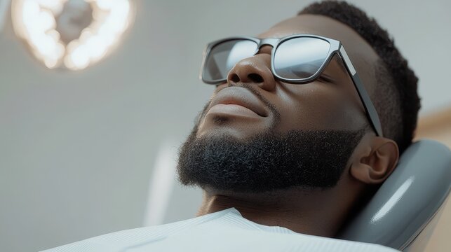 African American man with sunglasses relaxing in dental chair during oral examination with Panorex X-ray in modern dental office bright colors