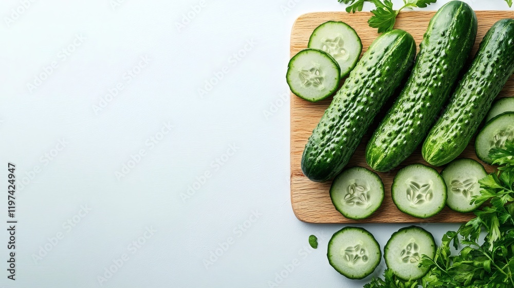 Poster isolated on white background a collection of cucumbers and their slices arranged on a cutting board 