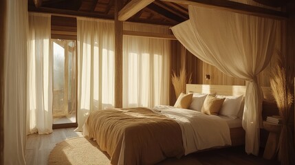 Cozy minimalist bedroom with wooden features and natural fabrics in warm tones bright sunlight streaming through sheer curtains inviting loft design for interior projects