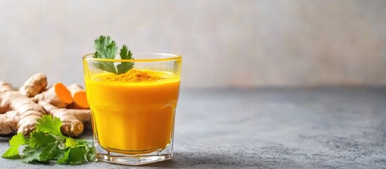 Fototapeta premium Turmeric ginger smoothie in glass with fresh herbs on gray background Copy Space
