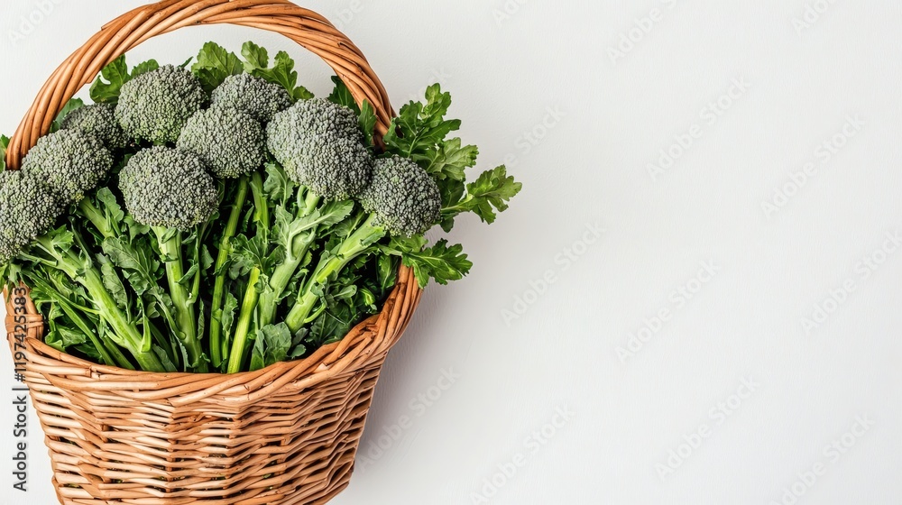 Aufkleber Isolated on white background a cluster of broccoli heads neatly arranged in a wicker basket Stock Photo with side copy space