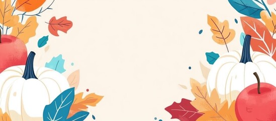 Fototapeta premium Vibrant Autumn Banner with White Pumpkins Red Apples and Colorful Leaves on Cream Background Blank Space for Thanksgiving or Halloween Text