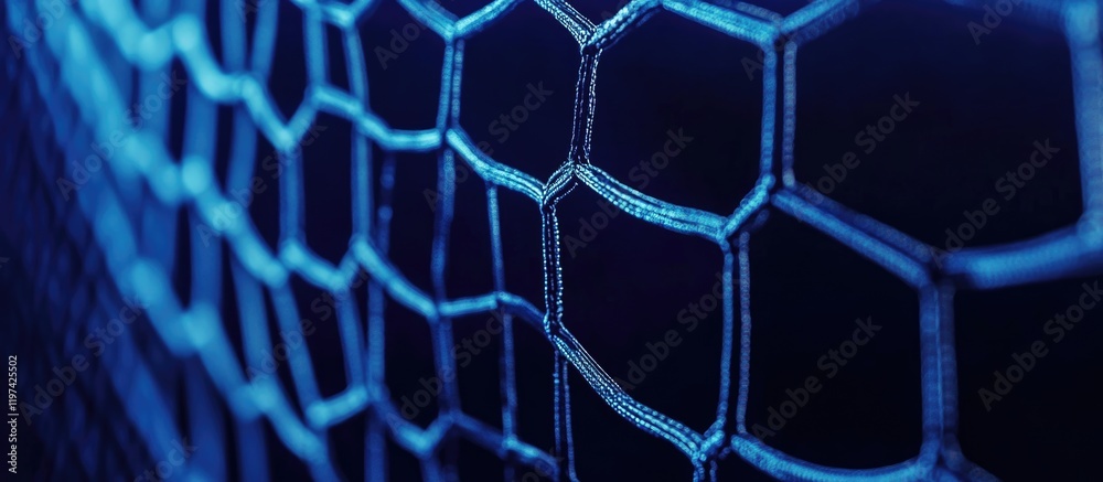 Poster close-up of a blue illuminated hexagonal wire mesh structure against a dark background with copy spa