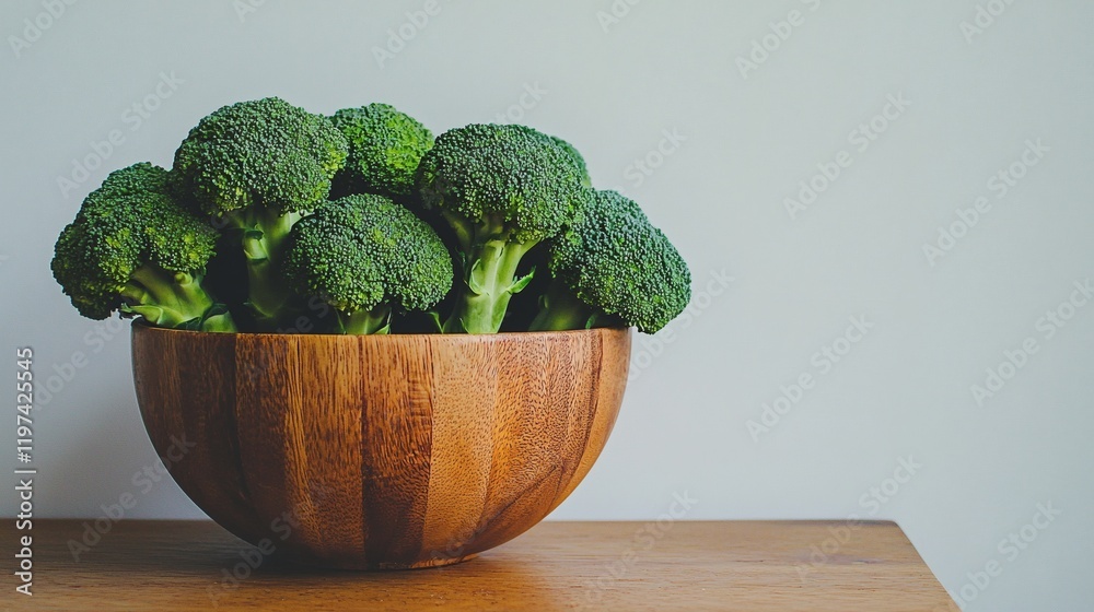 Poster Isolated on white background multiple broccoli heads placed in a ceramic bowl for a fresh display Stock Photo with side copy space