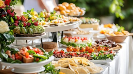 Colorful Assorted Tacos and Elegant Fresh Gourmet Food Display on Table Surrounded by Greenery in Outdoor Dining Setting