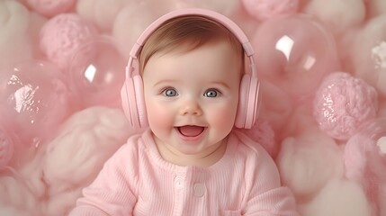 Fototapeta premium Joyful baby smiling with headphones indoor portrait playful close-up