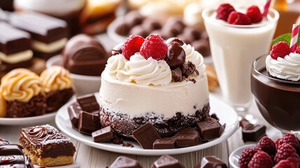 Delicious assortment of colorful desserts featuring cakes, pastries, chocolates, and ice cream with refreshing drinks on a festive dinner table setting