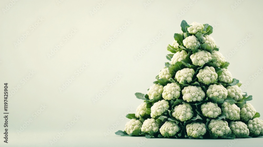 Poster Isolated on white background a stack of broccoli heads arranged in a pyramid formation emphasizing freshness Stock Photo with side copy space