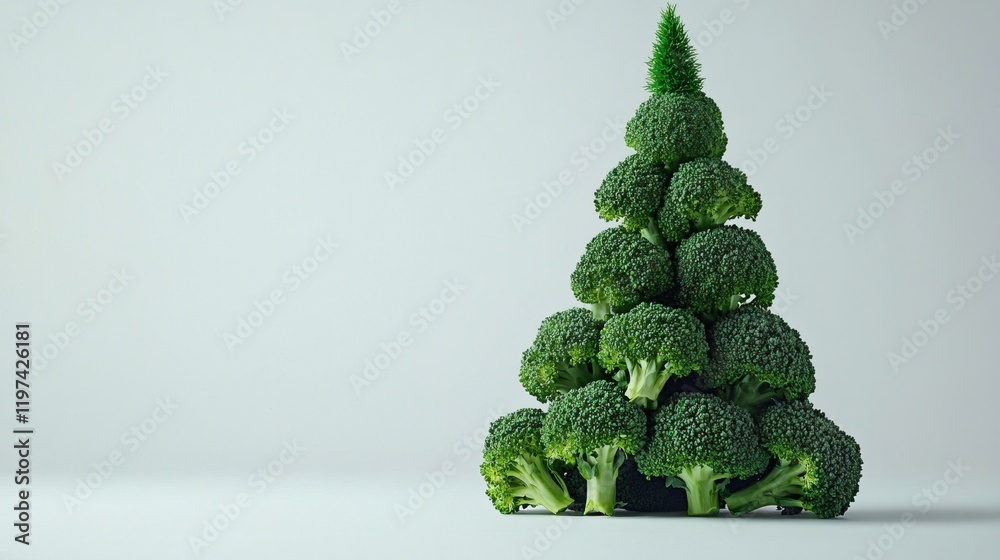 Poster Isolated on white background a stack of broccoli heads arranged in a pyramid formation emphasizing freshness Stock Photo with side copy space