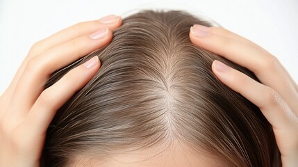 Fototapeta premium Cropped view of a young woman scratching her scalp with her fingers, isolated on a white background, concept of scalp itching and discomfort.