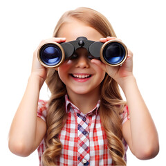 Happy Girl Child Using Binoculars Exploring Nature see fun kid red view cute young image  