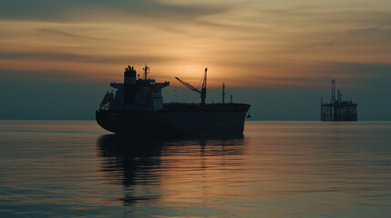 Fototapeta premium Silhouette of an oil tanker at sea, with oil rigs in the distance