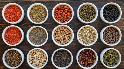 Variety of colorful dog and cat food in white bowls arranged on rustic wooden table showcasing diverse textures and colors in pet nutrition.