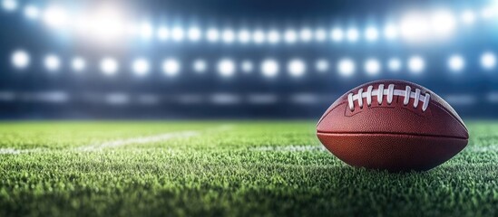 American football on a grassy field with stadium lights in the background and ample copy space for text placement