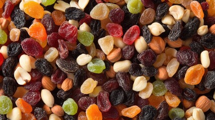 Colorful assortment of dried fruits and nuts in vibrant hues showcasing healthy snack options on a textured surface.