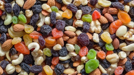 Colorful assortment of dried fruits and nuts spread across a textured surface highlighting nutritious snack options rich in vitamins and dietary fiber