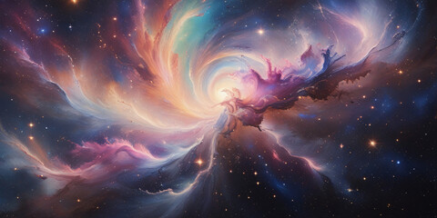 A stunning, high-resolution artistic design set against a vibrant, swirling galaxy or nebula background, with bursts of radiant colors