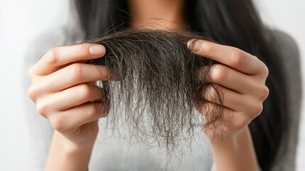 Fototapeta premium Detailed view of a woman holding damaged hair in her fingers, showing dryness and split ends, bright clean background.