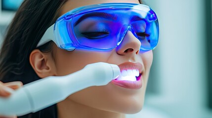 Naklejka premium DIY dental care shot a woman inserting a whitening device, soft focus on her face and bright background.