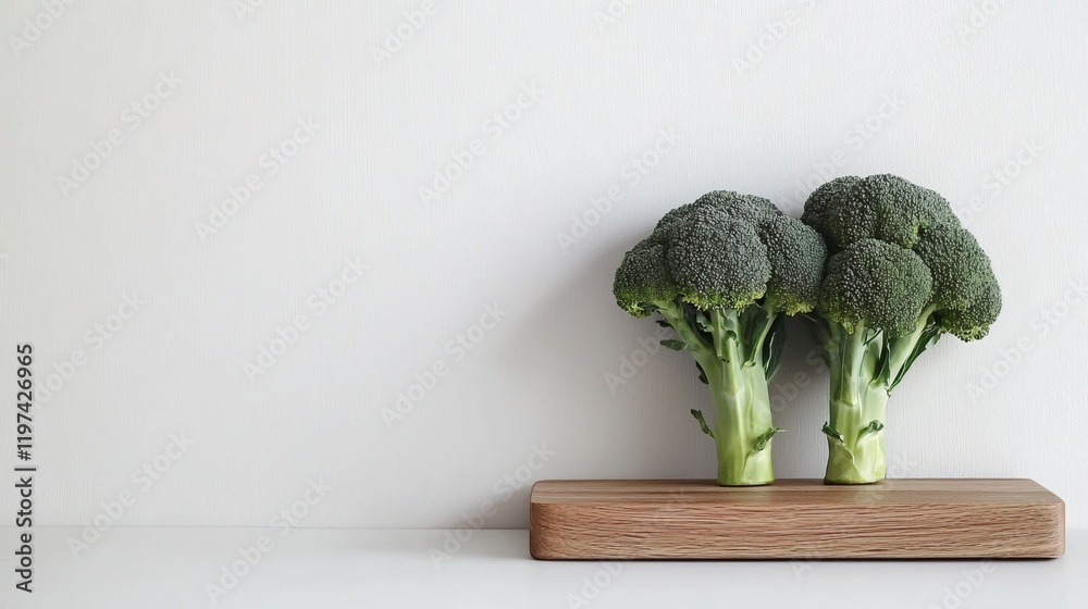 Poster isolated on white background a group of broccoli florets neatly arranged on a cutting board stock ph